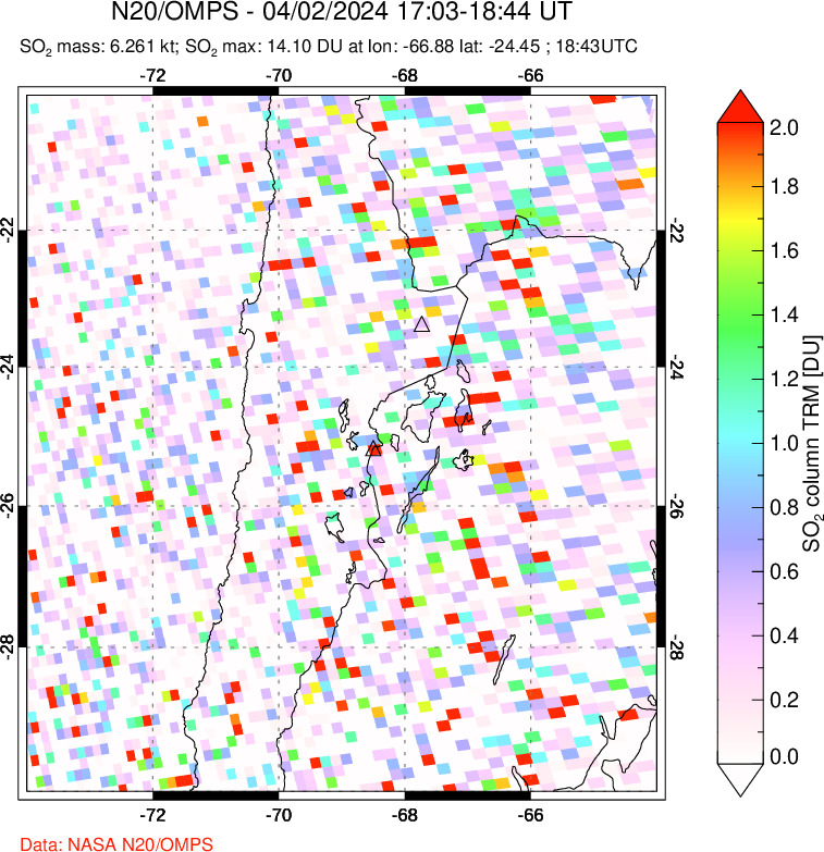 A sulfur dioxide image over Northern Chile on Apr 02, 2024.