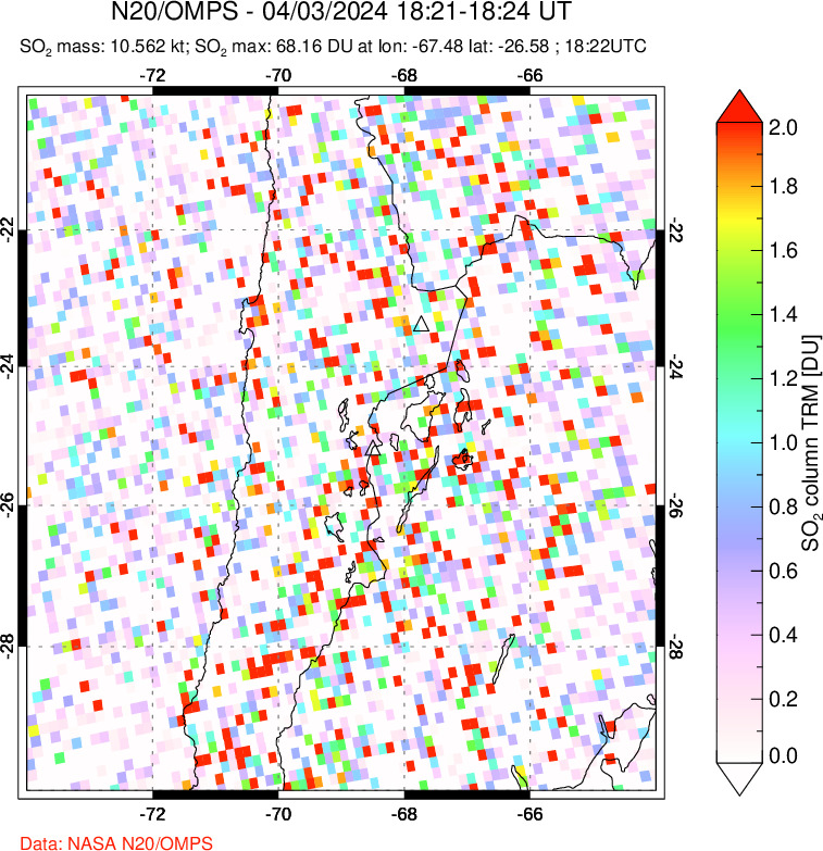 A sulfur dioxide image over Northern Chile on Apr 03, 2024.