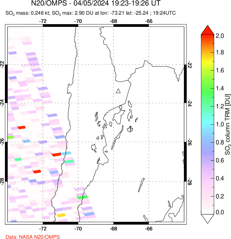 A sulfur dioxide image over Northern Chile on Apr 05, 2024.