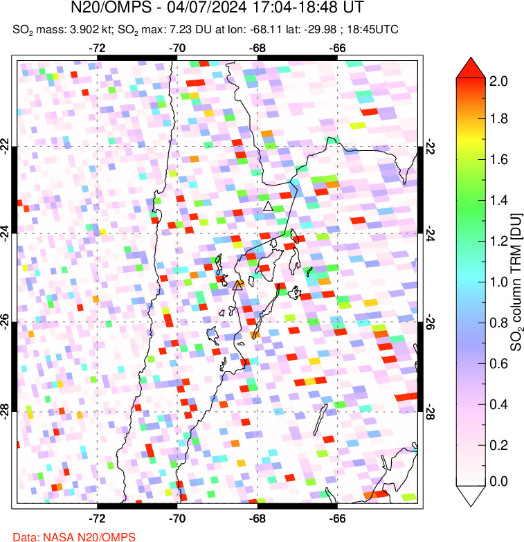 A sulfur dioxide image over Northern Chile on Apr 07, 2024.