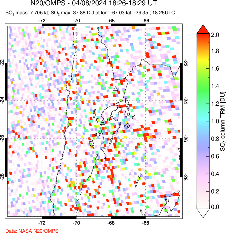 A sulfur dioxide image over Northern Chile on Apr 08, 2024.