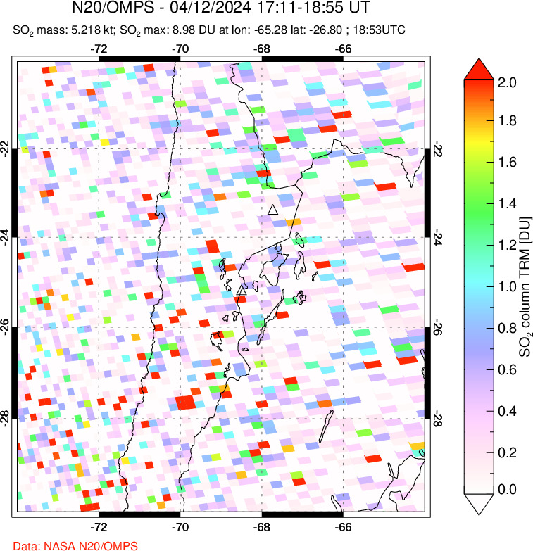 A sulfur dioxide image over Northern Chile on Apr 12, 2024.