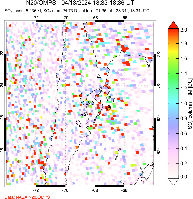 A sulfur dioxide image over Northern Chile on Apr 13, 2024.