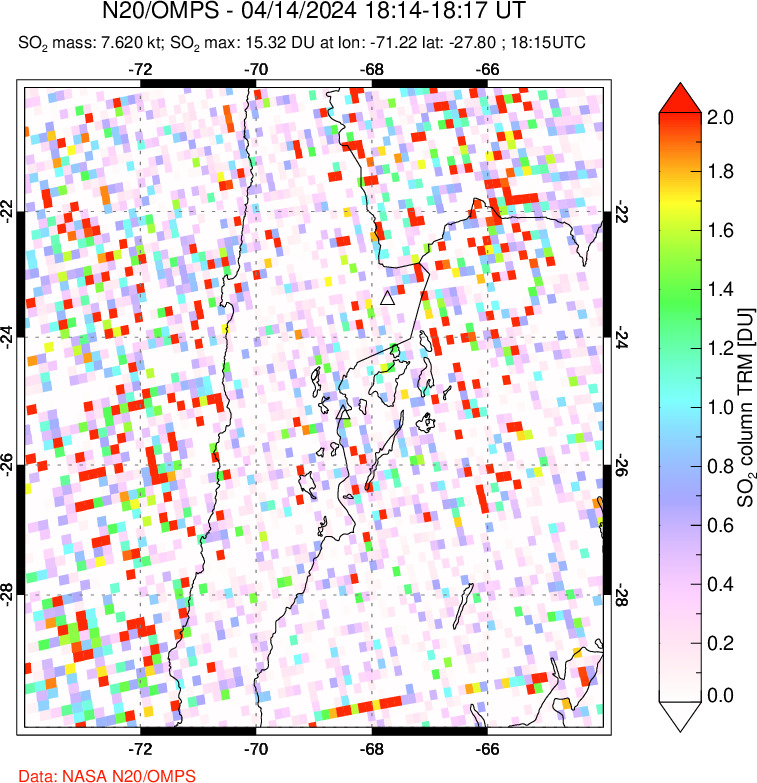 A sulfur dioxide image over Northern Chile on Apr 14, 2024.