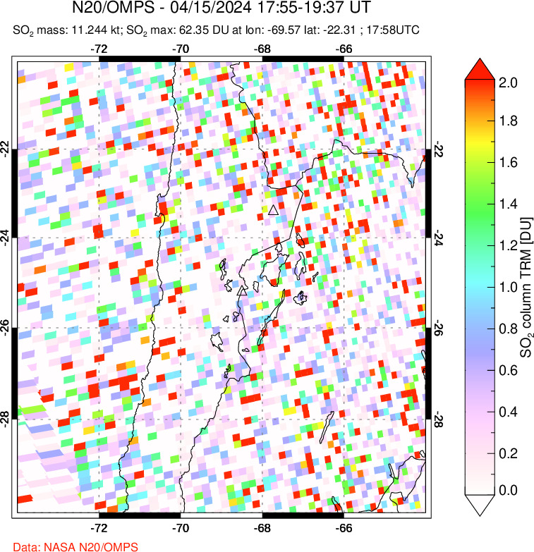 A sulfur dioxide image over Northern Chile on Apr 15, 2024.