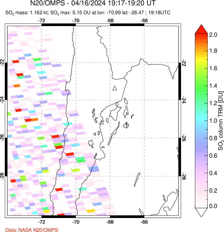 A sulfur dioxide image over Northern Chile on Apr 16, 2024.