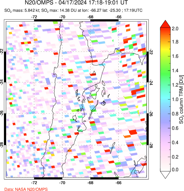 A sulfur dioxide image over Northern Chile on Apr 17, 2024.