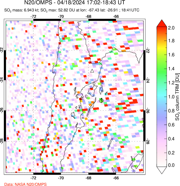 A sulfur dioxide image over Northern Chile on Apr 18, 2024.