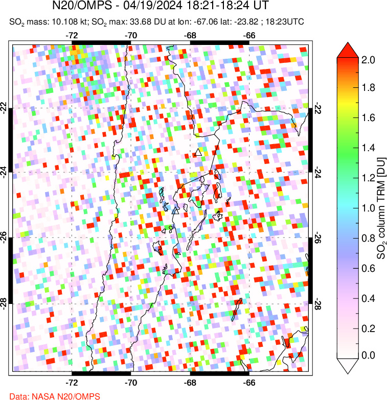 A sulfur dioxide image over Northern Chile on Apr 19, 2024.