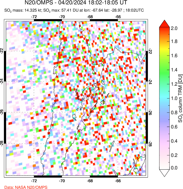 A sulfur dioxide image over Northern Chile on Apr 20, 2024.