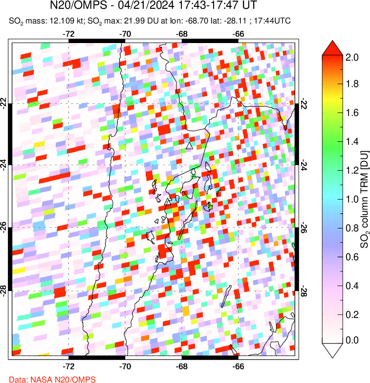 A sulfur dioxide image over Northern Chile on Apr 21, 2024.