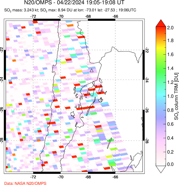 A sulfur dioxide image over Northern Chile on Apr 22, 2024.