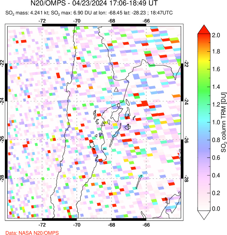 A sulfur dioxide image over Northern Chile on Apr 23, 2024.