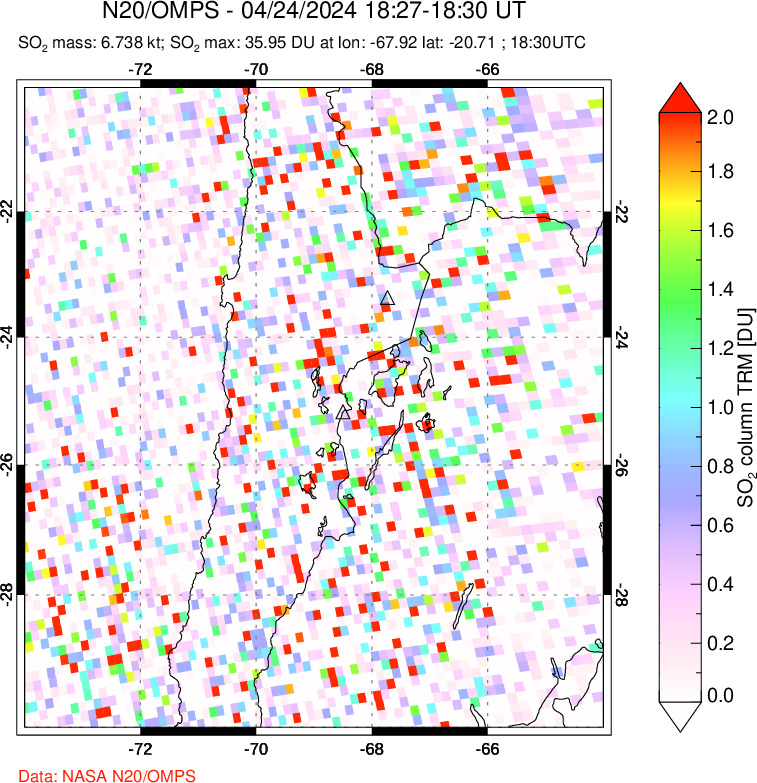 A sulfur dioxide image over Northern Chile on Apr 24, 2024.