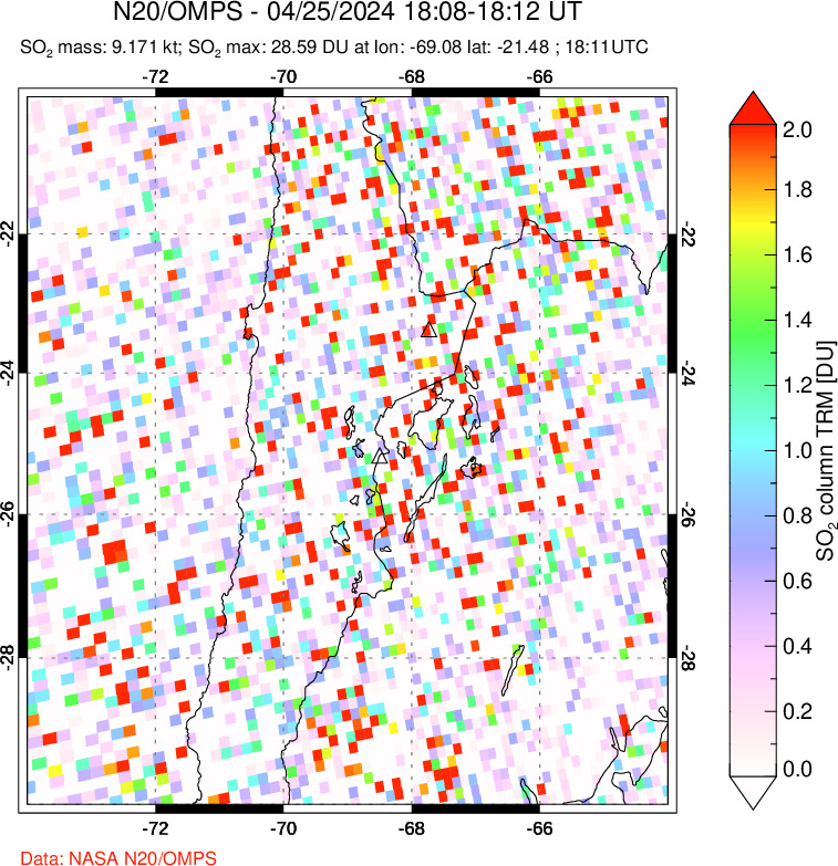 A sulfur dioxide image over Northern Chile on Apr 25, 2024.