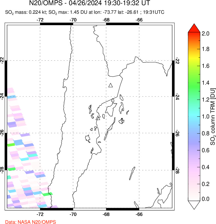 A sulfur dioxide image over Northern Chile on Apr 26, 2024.