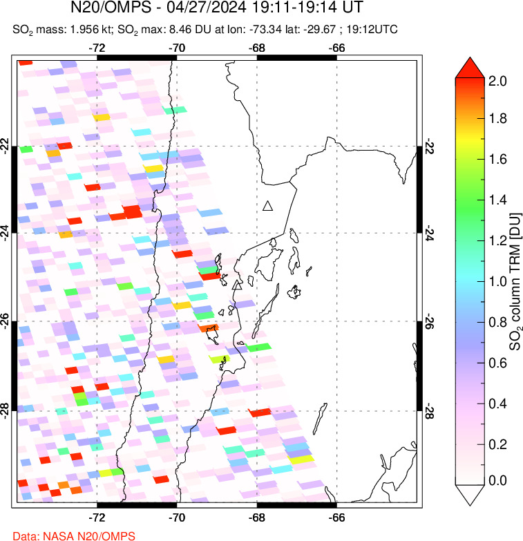 A sulfur dioxide image over Northern Chile on Apr 27, 2024.