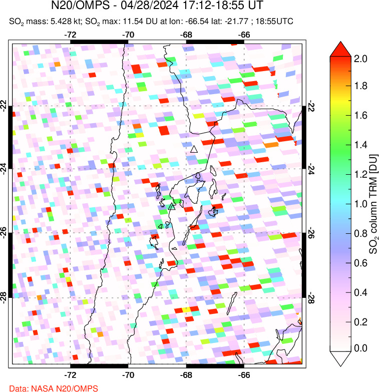 A sulfur dioxide image over Northern Chile on Apr 28, 2024.