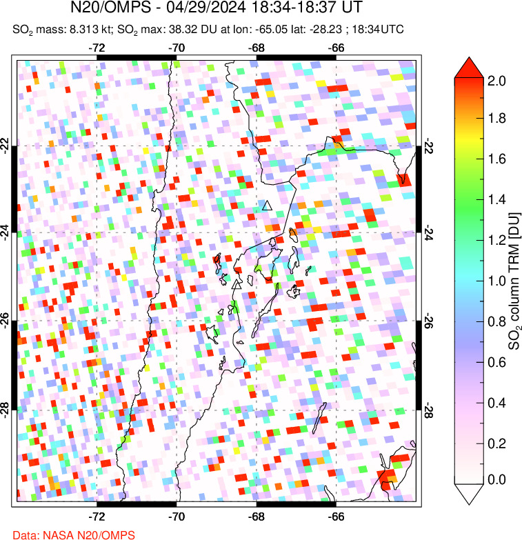 A sulfur dioxide image over Northern Chile on Apr 29, 2024.