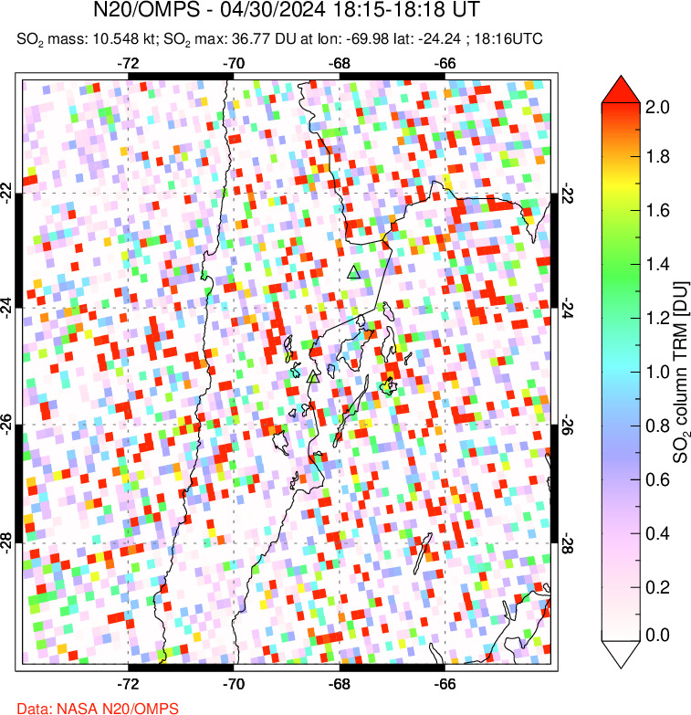 A sulfur dioxide image over Northern Chile on Apr 30, 2024.