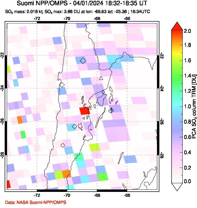 A sulfur dioxide image over Northern Chile on Apr 01, 2024.