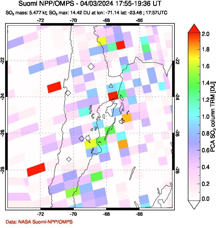 A sulfur dioxide image over Northern Chile on Apr 03, 2024.