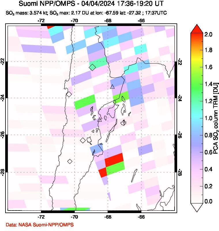 A sulfur dioxide image over Northern Chile on Apr 04, 2024.