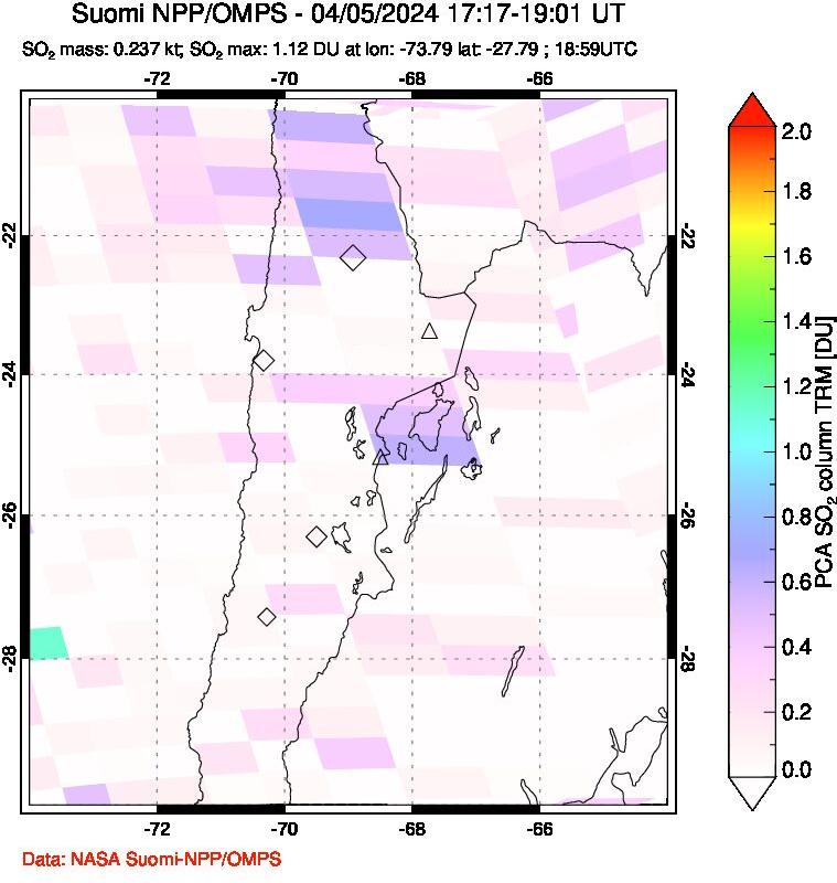 A sulfur dioxide image over Northern Chile on Apr 05, 2024.