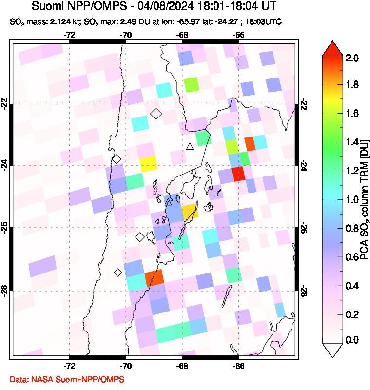 A sulfur dioxide image over Northern Chile on Apr 08, 2024.