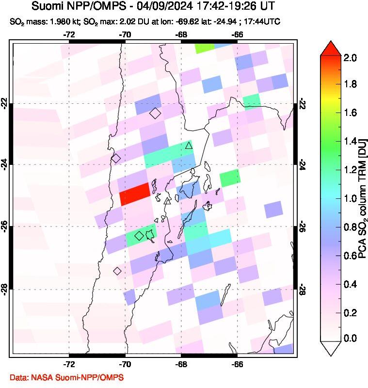 A sulfur dioxide image over Northern Chile on Apr 09, 2024.