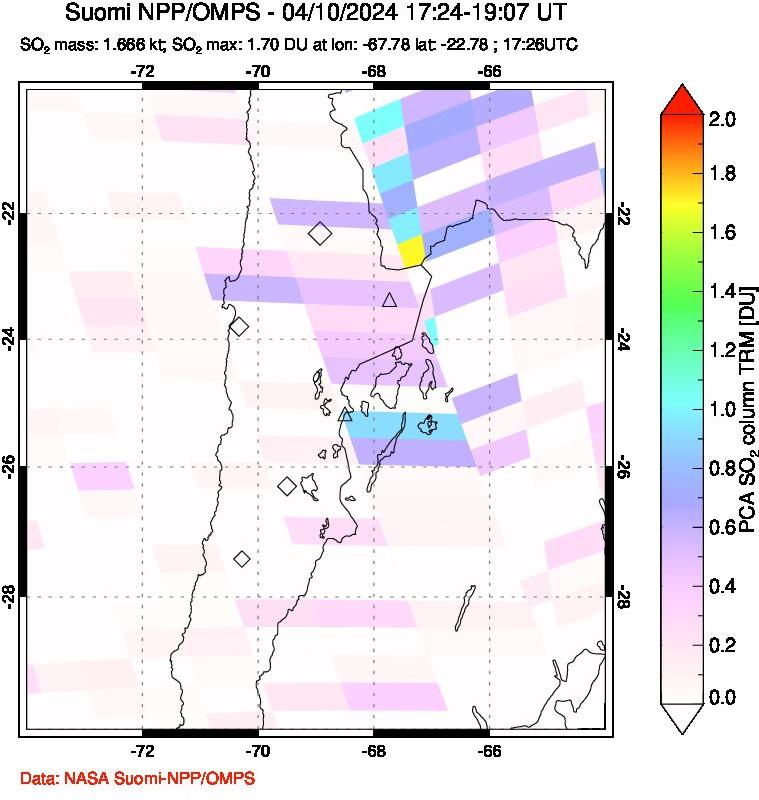 A sulfur dioxide image over Northern Chile on Apr 10, 2024.