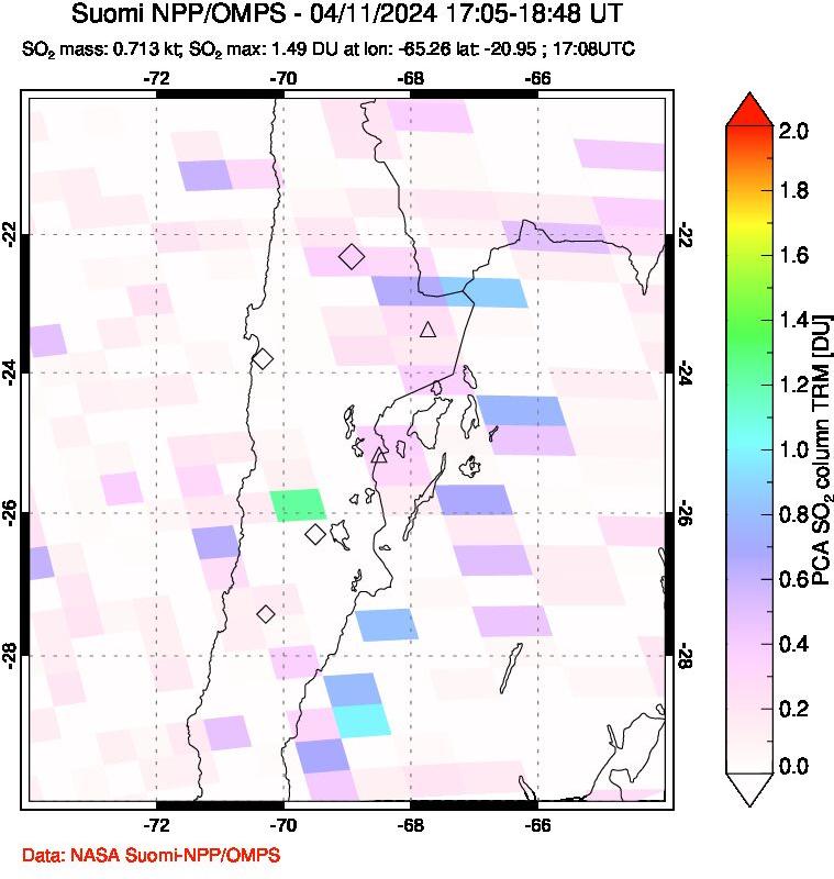 A sulfur dioxide image over Northern Chile on Apr 11, 2024.