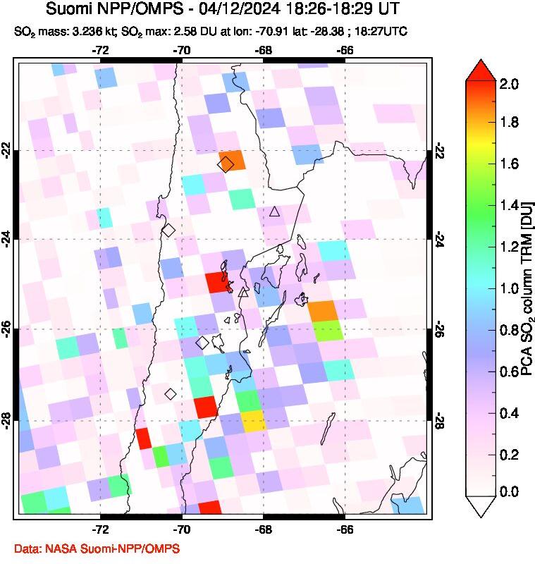 A sulfur dioxide image over Northern Chile on Apr 12, 2024.