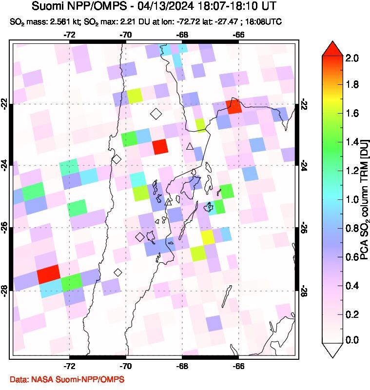 A sulfur dioxide image over Northern Chile on Apr 13, 2024.