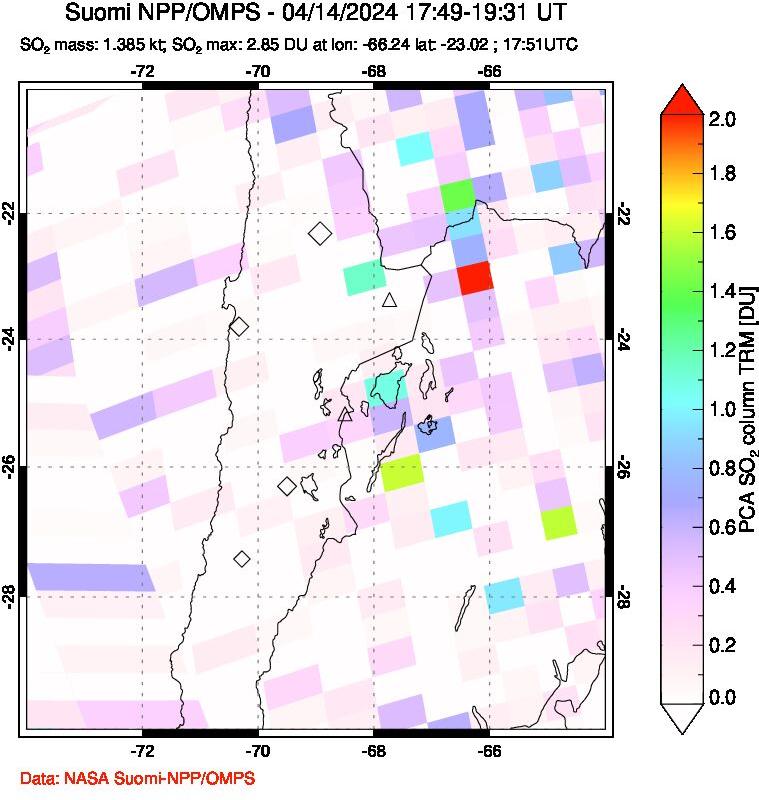 A sulfur dioxide image over Northern Chile on Apr 14, 2024.