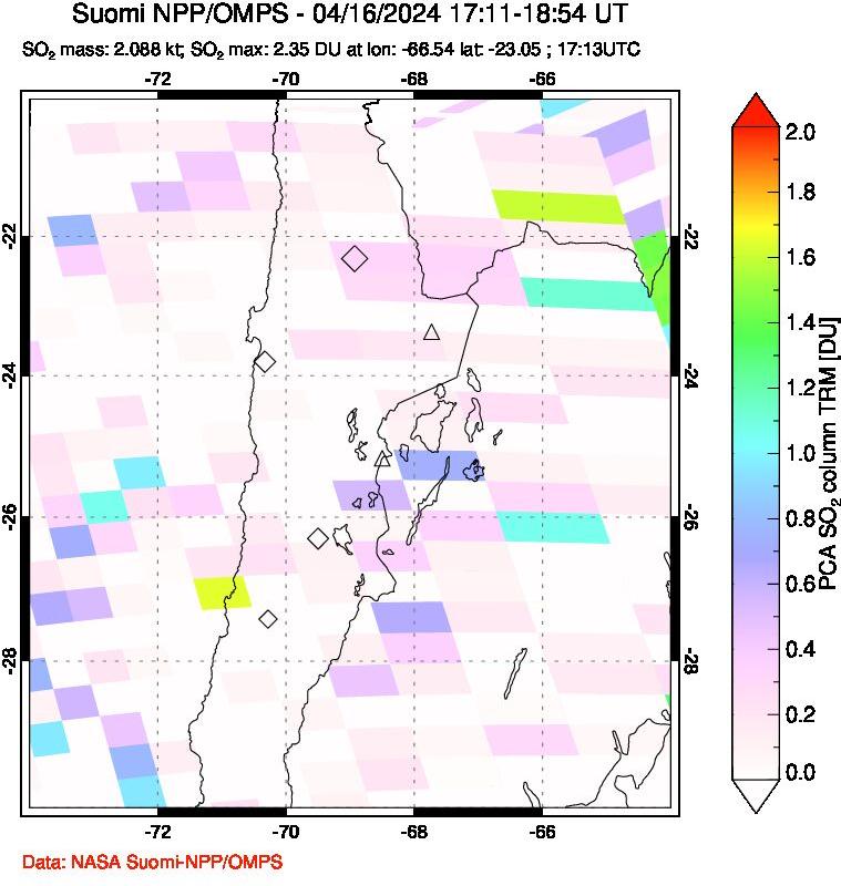 A sulfur dioxide image over Northern Chile on Apr 16, 2024.