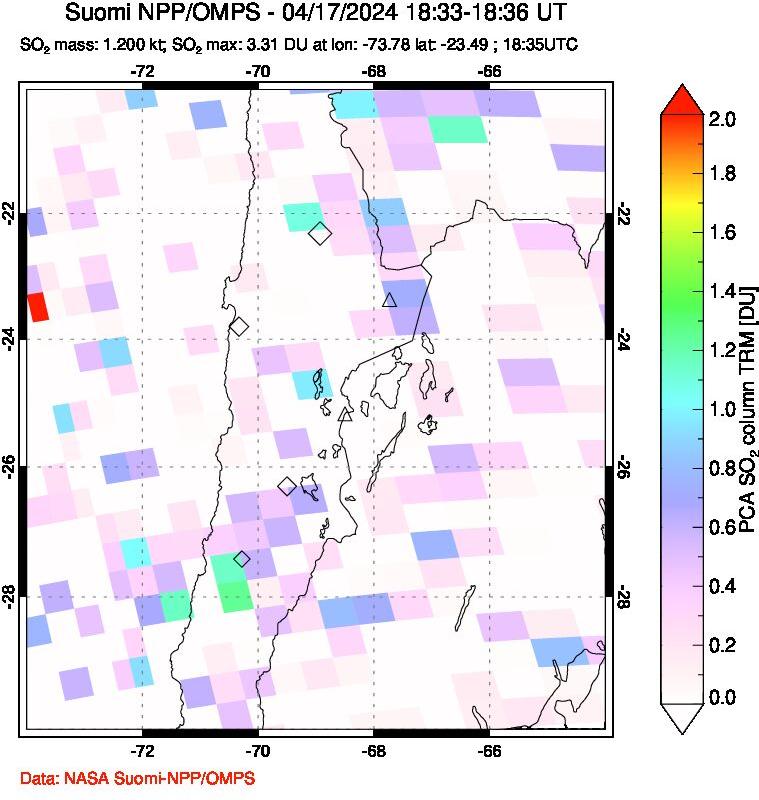 A sulfur dioxide image over Northern Chile on Apr 17, 2024.