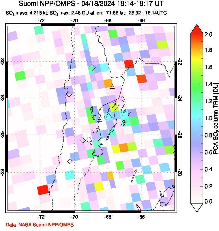 A sulfur dioxide image over Northern Chile on Apr 18, 2024.