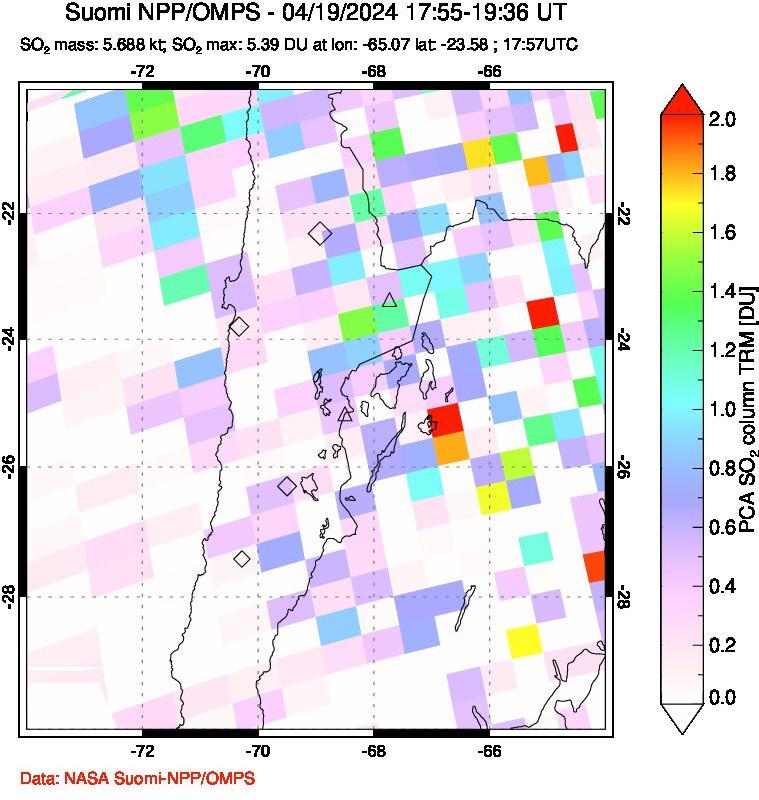 A sulfur dioxide image over Northern Chile on Apr 19, 2024.