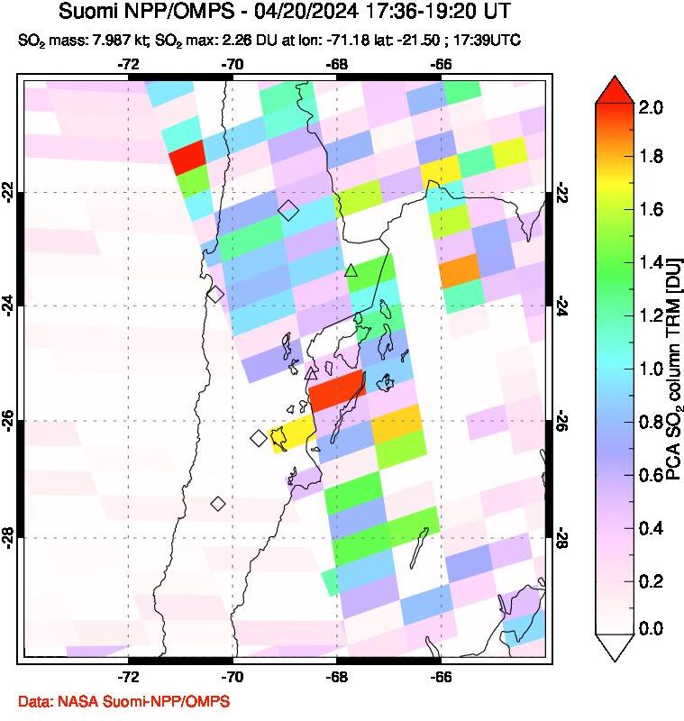 A sulfur dioxide image over Northern Chile on Apr 20, 2024.