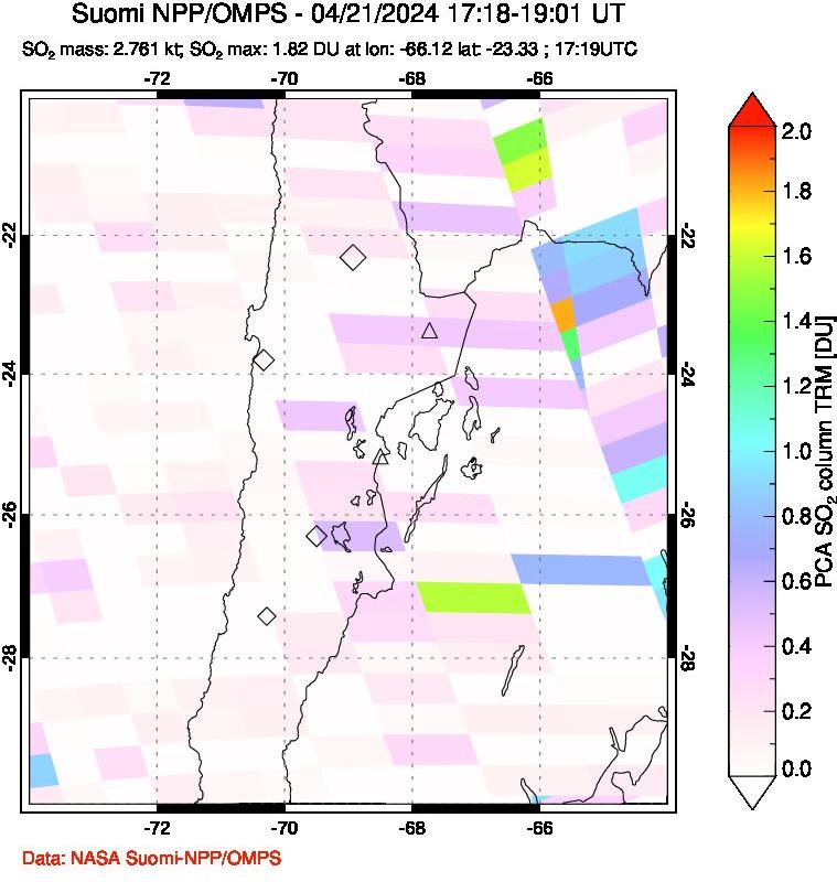 A sulfur dioxide image over Northern Chile on Apr 21, 2024.