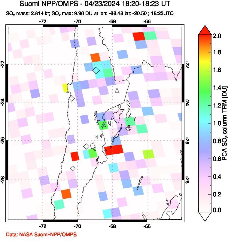 A sulfur dioxide image over Northern Chile on Apr 23, 2024.