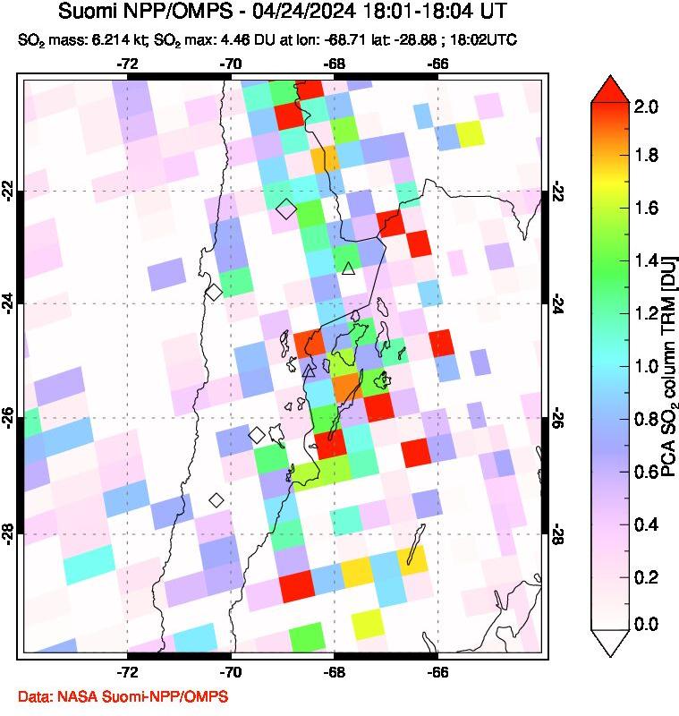 A sulfur dioxide image over Northern Chile on Apr 24, 2024.