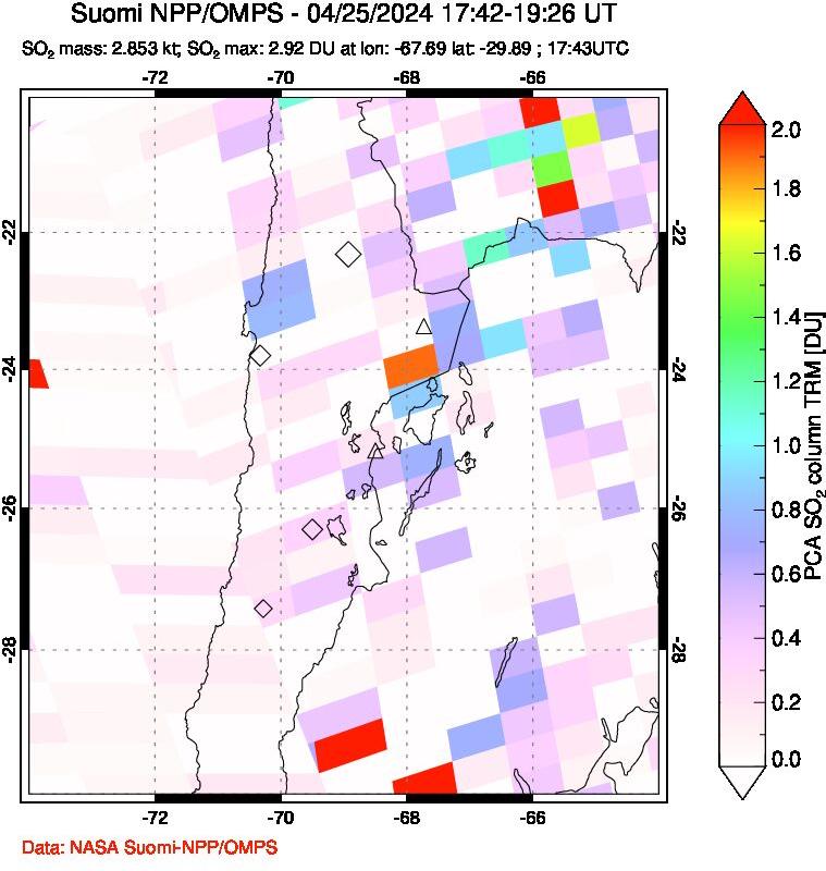 A sulfur dioxide image over Northern Chile on Apr 25, 2024.