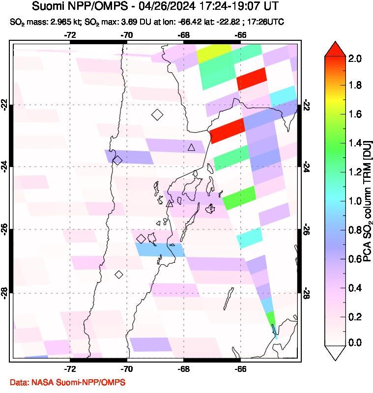 A sulfur dioxide image over Northern Chile on Apr 26, 2024.