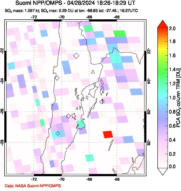 A sulfur dioxide image over Northern Chile on Apr 28, 2024.