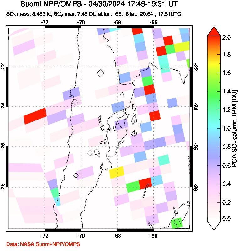 A sulfur dioxide image over Northern Chile on Apr 30, 2024.