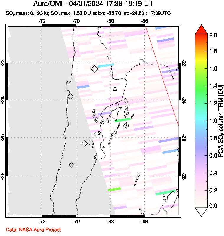 A sulfur dioxide image over Northern Chile on Apr 01, 2024.