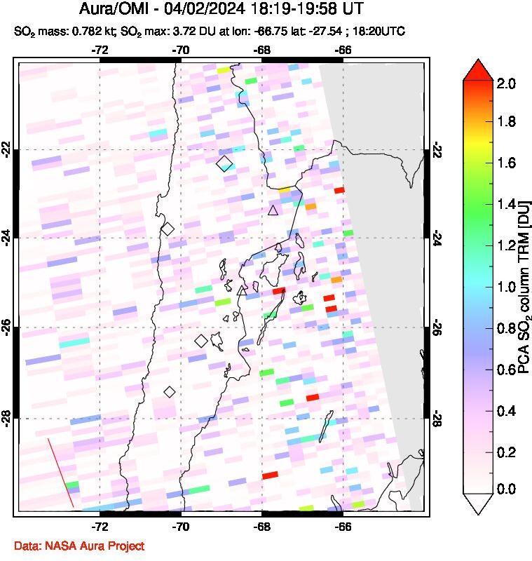 A sulfur dioxide image over Northern Chile on Apr 02, 2024.