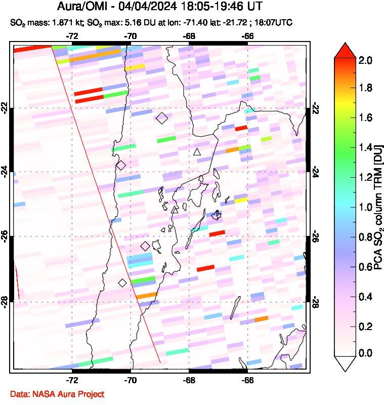 A sulfur dioxide image over Northern Chile on Apr 04, 2024.